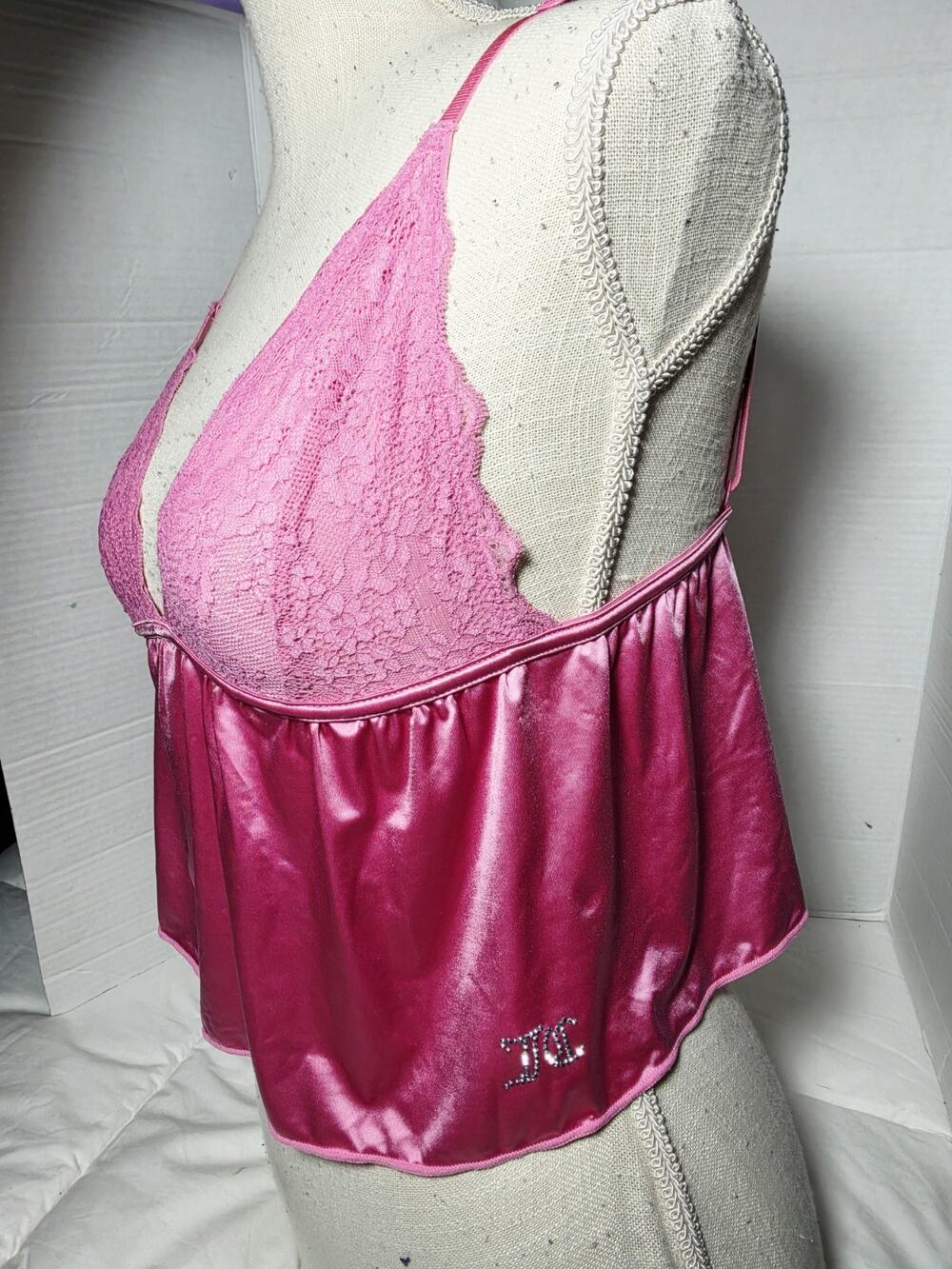 Juicy Couture Pink Satin Sz M Babydoll Fairy Grunge Maximalism Y2K Vtg Lingerie